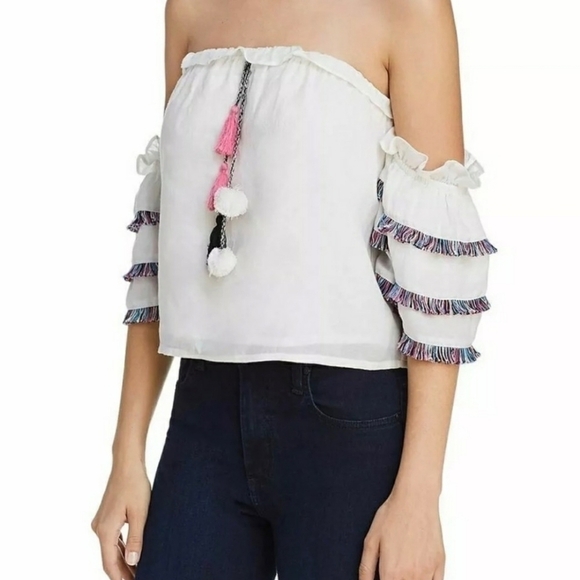 Red Carter x Anthropologie Off The Shoulder Tiered Fringe Sleeve Tassel Crop Top - Picture 2 of 13